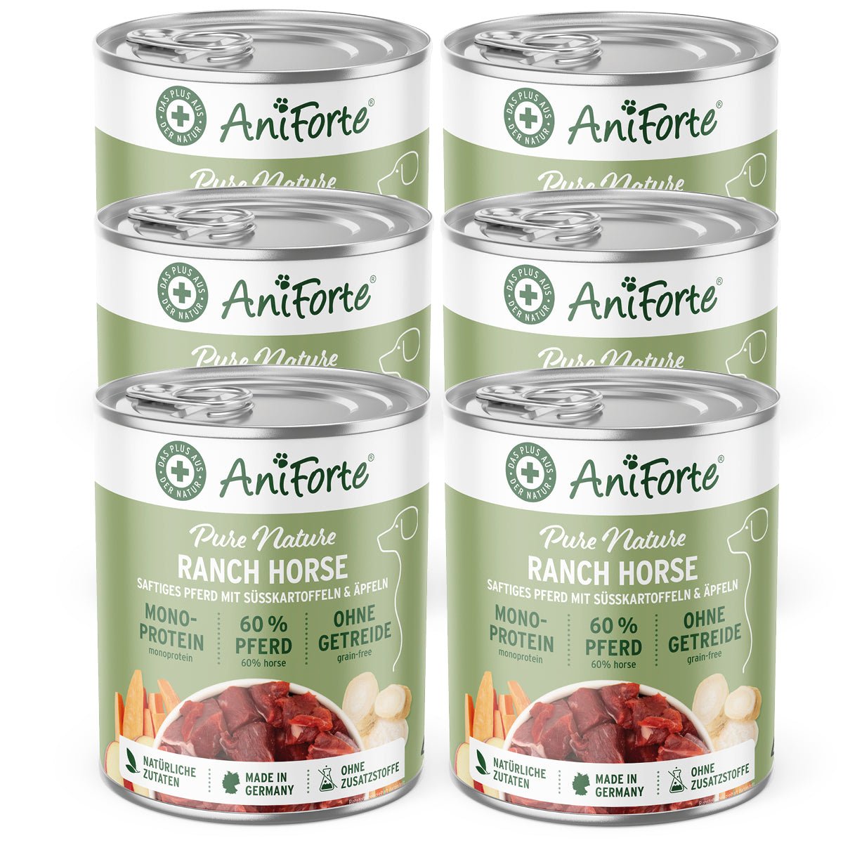 AniForte Nassfutter RanchHorse für Hunde mit Pferd, Süßkartoffeln und Äpfeln, getreidefrei, natürliche Zutaten, 6 Dosen, Made in Germany