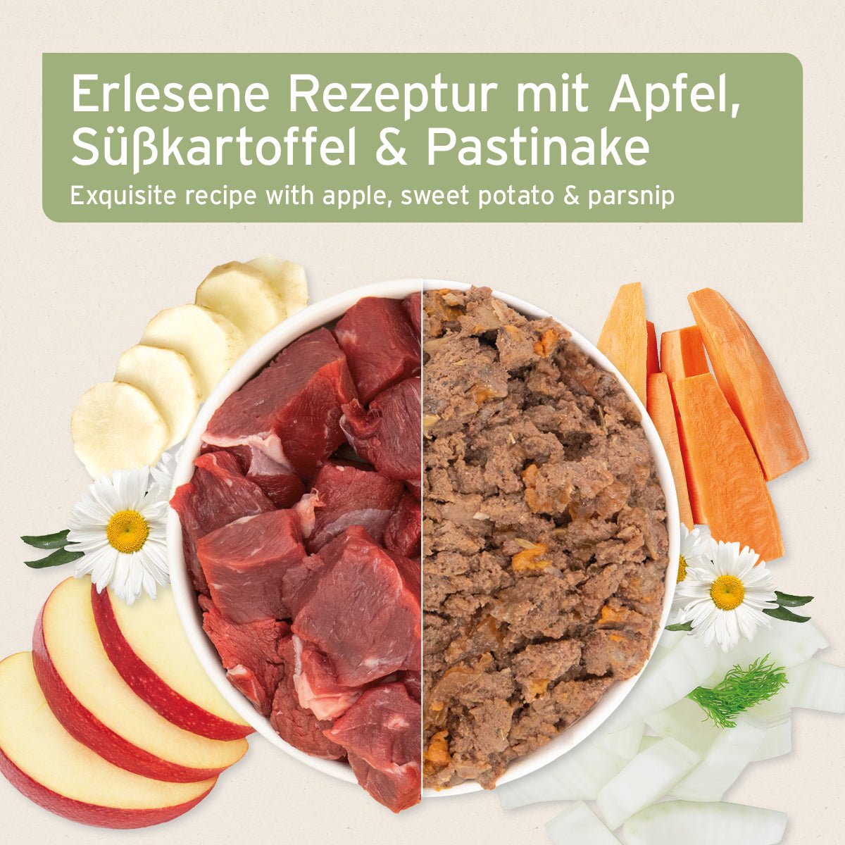 AniForte Nassfutter für Hunde mit Pferdefleisch, Süßkartoffeln, Apfel und Pastinake, natürliche Zutaten, geteilte Ansicht von rohem Fleisch und fertigem Hundefutter.