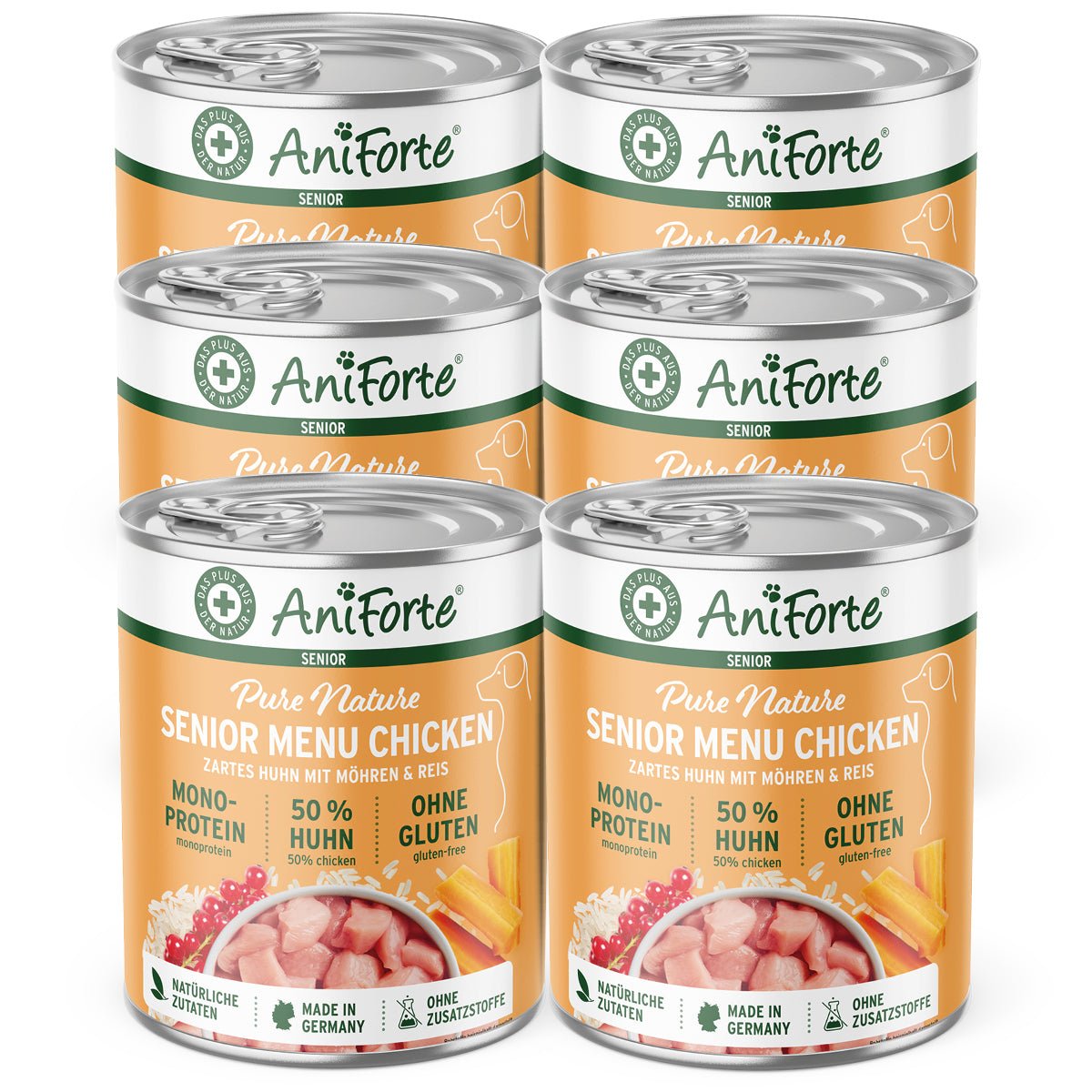 AniForte Nassfutter Senior Huhn für Hunde mit 50% Huhn, Möhren, Reis, glutenfrei und ohne Zusatzstoffe, hergestellt in Deutschland