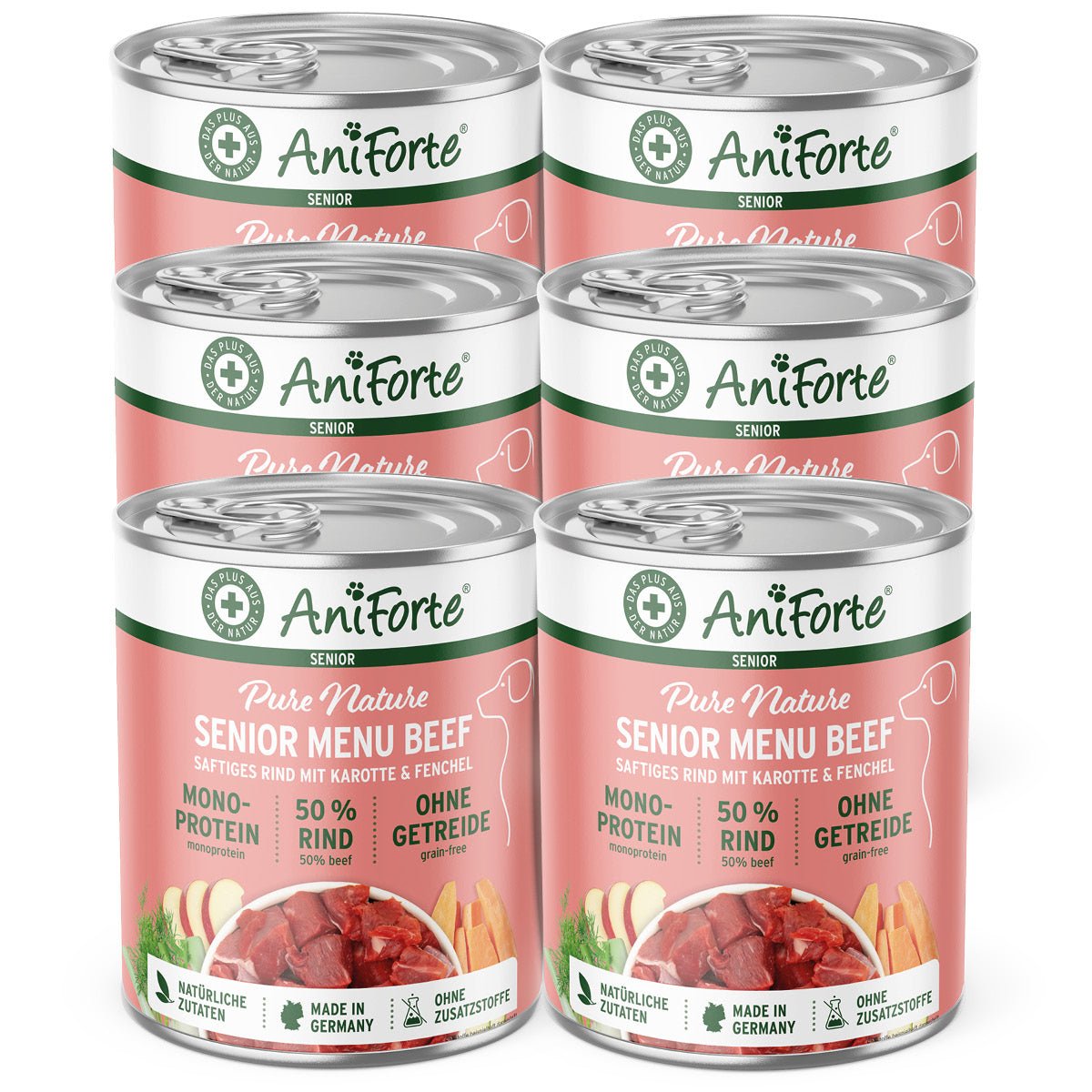 AniForte® Nassfutter Senior Rind für Hunde mit natürlichem Fleisch, Karotte, Fenchel, ohne Getreide, Made in Germany.