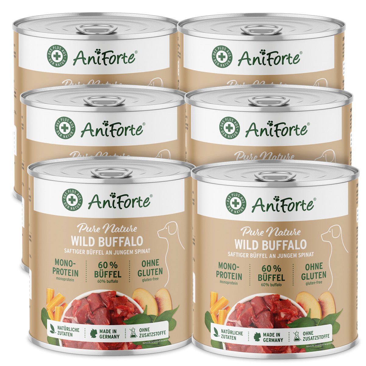 AniForte Nassfutter Wild Buffalo für Hunde mit 60% Büffelfleisch, Spinat, glutenfrei, proteinreich, natürliche Zutaten, made in Germany, ohne Zusatzstoffe.