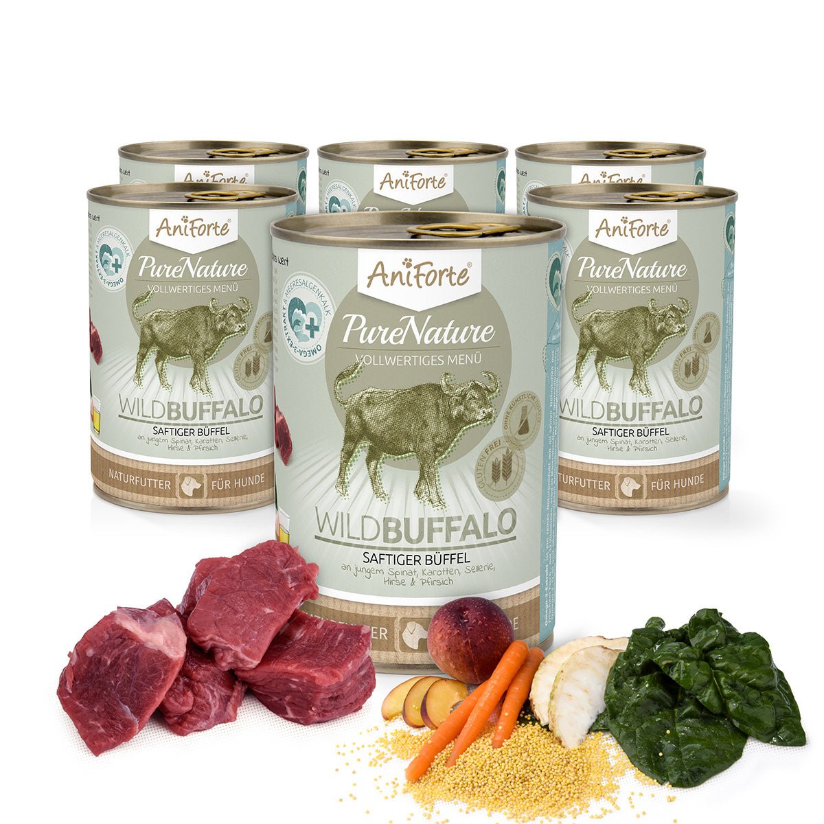 AniForte® Nassfutter WildBuffalo für Hunde mit saftigem Büffelfleisch, Spinat, Karotten und natürlichen Zutaten, ausgewogene und natürliche Ernährung ohne künstliche Zusätze.