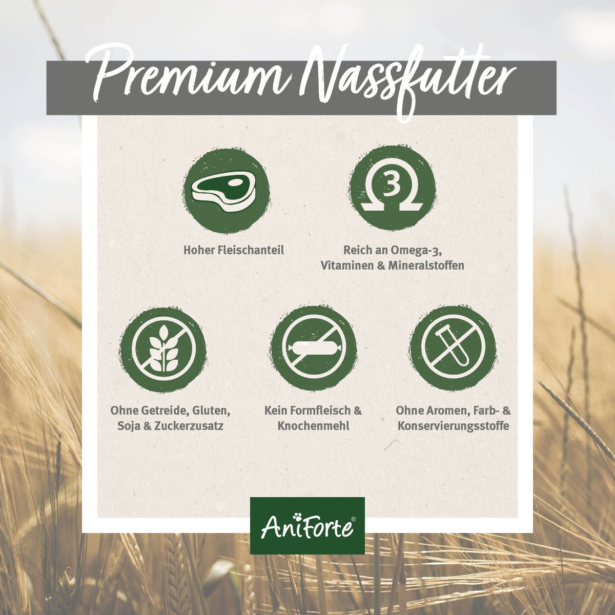 AniForte® Nassfutter WildForest mit hohem Fleischanteil, Omega-3, ohne Getreide, Gluten, Soja, Zucker, Formfleisch, Knochenmehl, Aromen, Farb- und Konservierungsstoffe, für gesunde Hundeernährung.