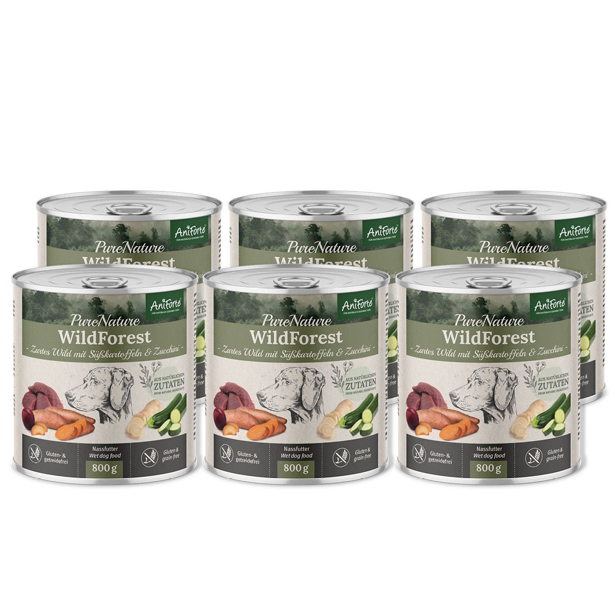 AniForte® PureNature WildForest Nassfutter für Hunde mit Wildfleisch, Süßkartoffeln und Zucchini, 6 Dosen á 800g, natürliche Zutaten, getreidefrei, tierärztlich entwickelt, in Deutschland hergestellt.