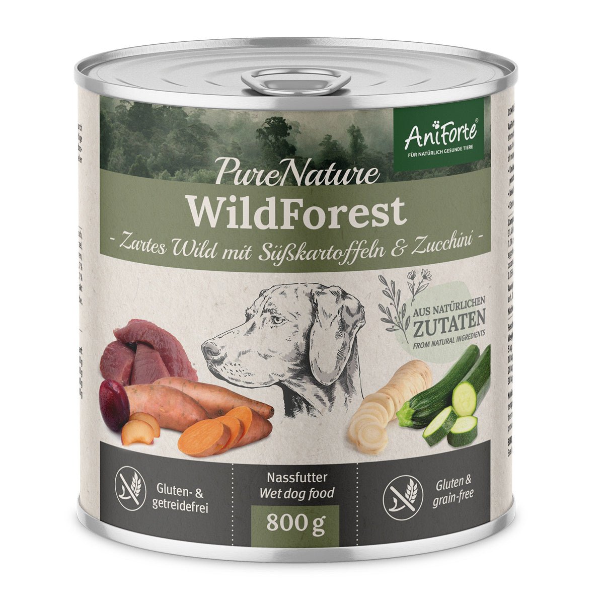AniForte® Nassfutter WildForest für Hunde mit Wildfleisch, Süßkartoffeln und Zucchini, glutenfrei, 800g Dose.