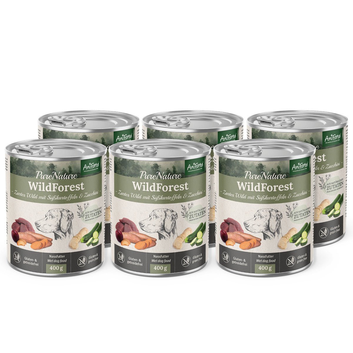 AniForte PureNature WildForest Nassfutter für Hunde mit Wildfleisch, Süßkartoffel und Zucchini, glutenfrei, 6 x 400g Dosen, natürliche Zutaten aus Deutschland