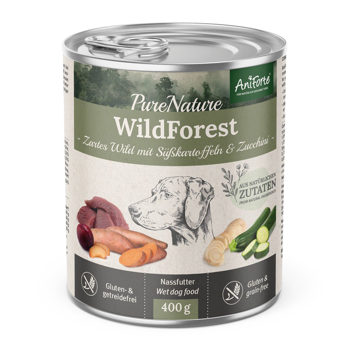AniForte PureNature WildForest Nassfutter für Hunde mit Wildfleisch, Süßkartoffeln und Zucchini, gluten- und getreidefrei, 400g Dose