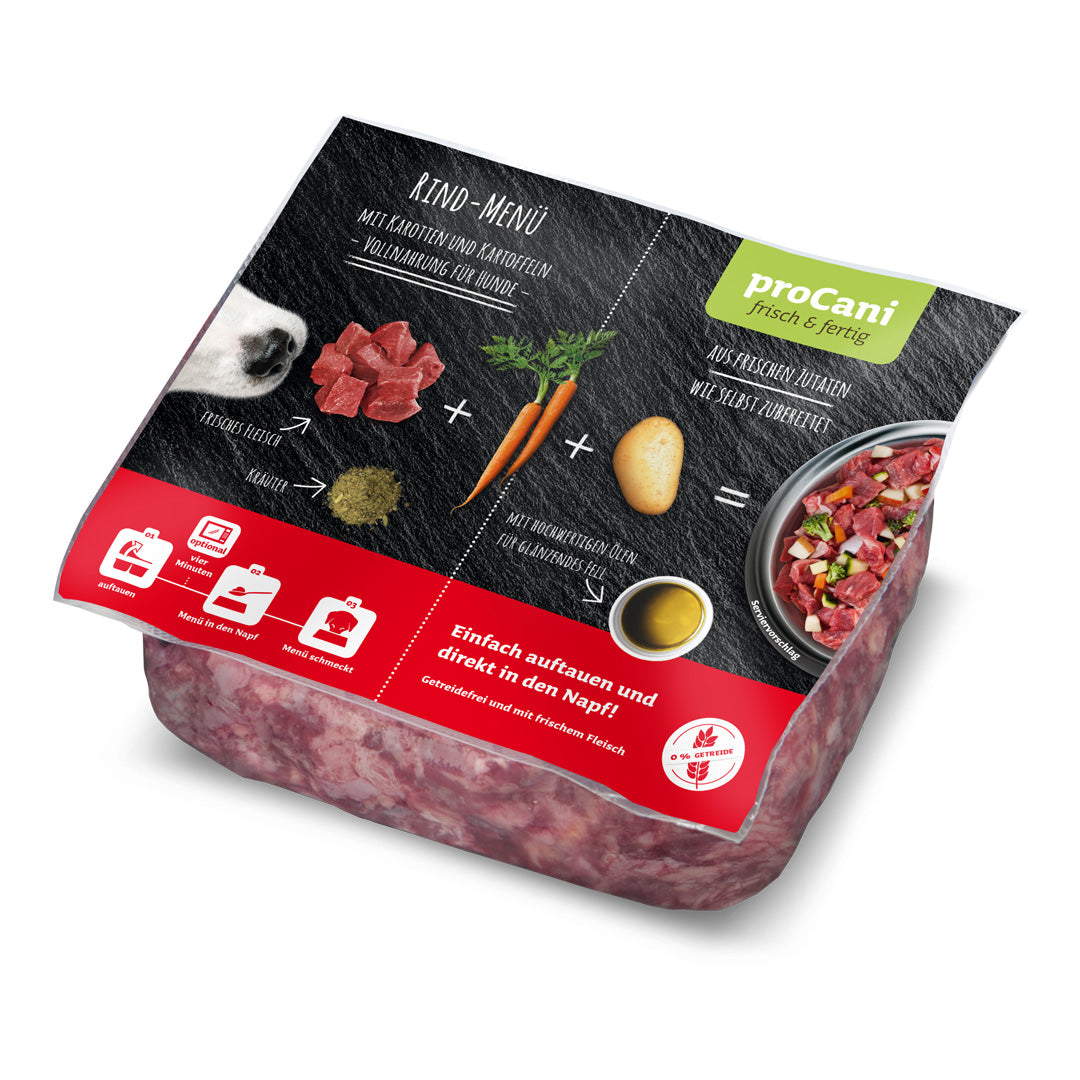 proCani Rind Menü mit frischem Rindfleisch, Karotten und Kartoffeln – ausgewogenes BARF-Menü für aktive Hunde