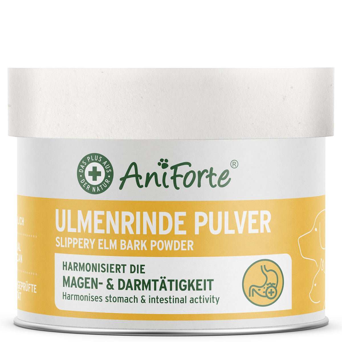 AniForte® Ulmenrinde Pulver, 250 g Dose, zur Unterstützung von Magen- und Darmfunktion bei Tieren.