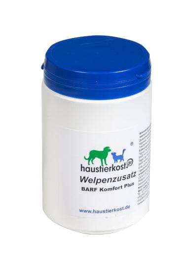 Welpenzusatz BARF Komfort Plus Behälter mit blauem Deckel.