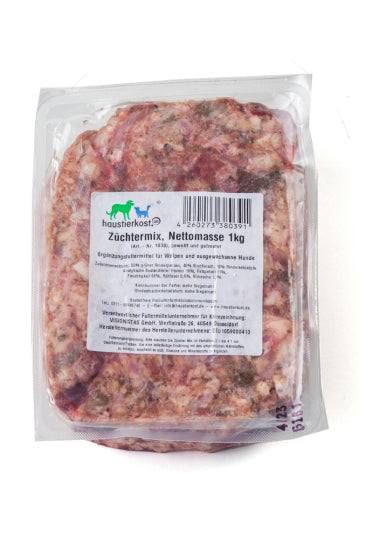 Züchtermix in Verpackung, bestehend aus grünem Pansen, Muskelfleisch und gewolftem Kalbsbrustbein, 1 kg.