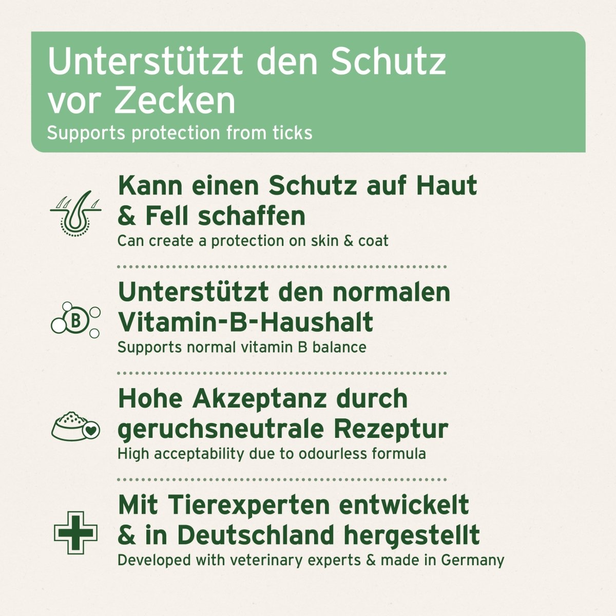 AniForte® ZeckenSchild Kapseln unterstützen Hautschutz und Vitamin-B-Haushalt bei Hunden, made in Germany.