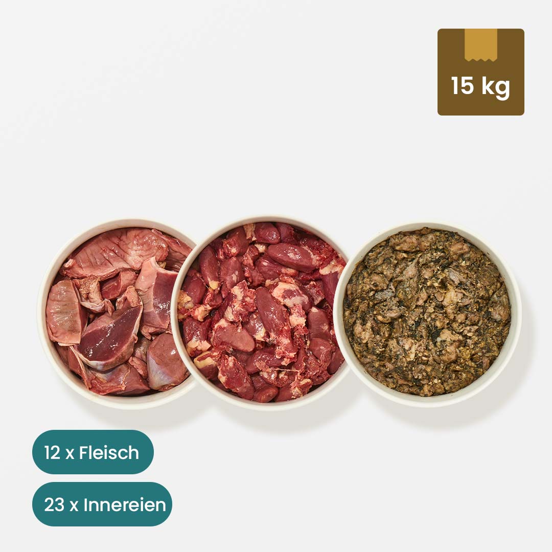 BIO Paket Hund 15 kg mit Fleisch und Innereien in Schalen