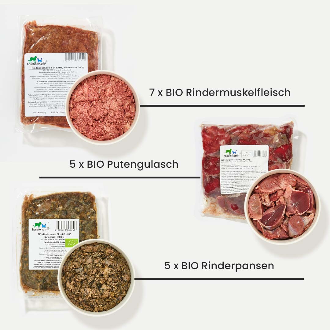 Paket Hund BIO mit 7x BIO Rindermuskelfleisch, 5x BIO Putengulasch und 5x BIO Rinderpansen in 15 kg Gesamtgewicht