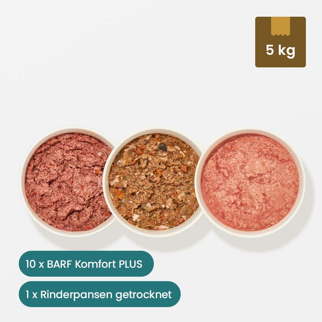 SchnupperBox Menü 1 mit 5 kg Fertigbarf und getrocknetem Rinderpansen.