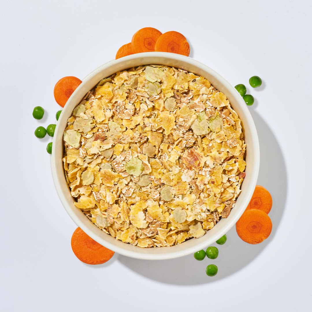 Flocken-Mix in Schale mit Karottenscheiben und Erbsen, Hundefutter ohne Getreideallergien zum Mischen mit Fleisch.