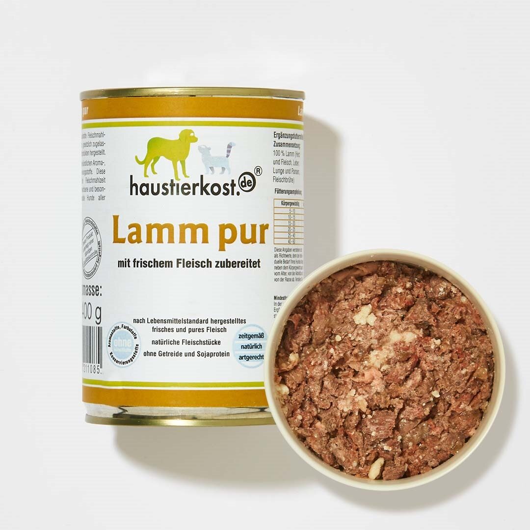 Dose mit Hundefutter Lamm pur aus frischem Lammfleisch ohne künstliche Zusätze und Schale mit Fleischmahlzeit für ernährungssensible Hunde