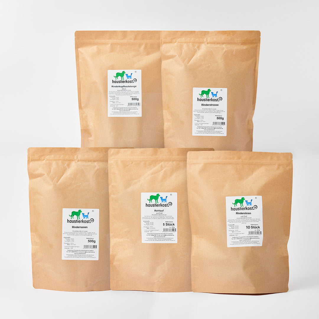 Kauartikel-Paket mit getrockneten Rehläufen, Rinderkopfhaut, Rindernasen, Rinderstrosse und Rinderohren für große Hunde, 2,3 kg Gesamtgewicht