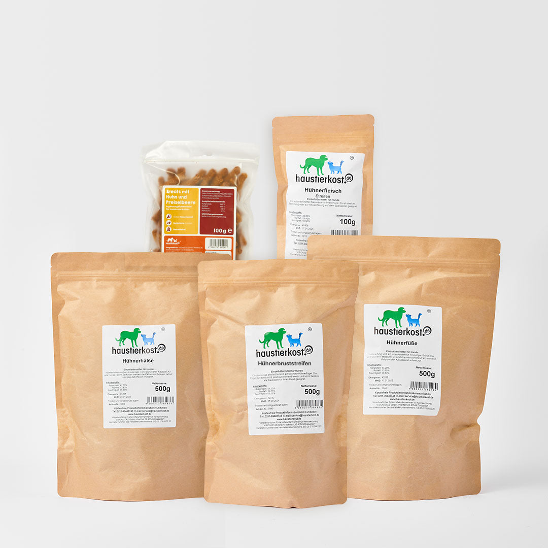 Kauartikel-Paket Huhn mit getrocknetem Hühnerfleisch, Hühnerhälse, Hühnerbruststreifen, Hühnerfüße und Treats mit Preiselbeere, 2,1 kg Gesamtgewicht