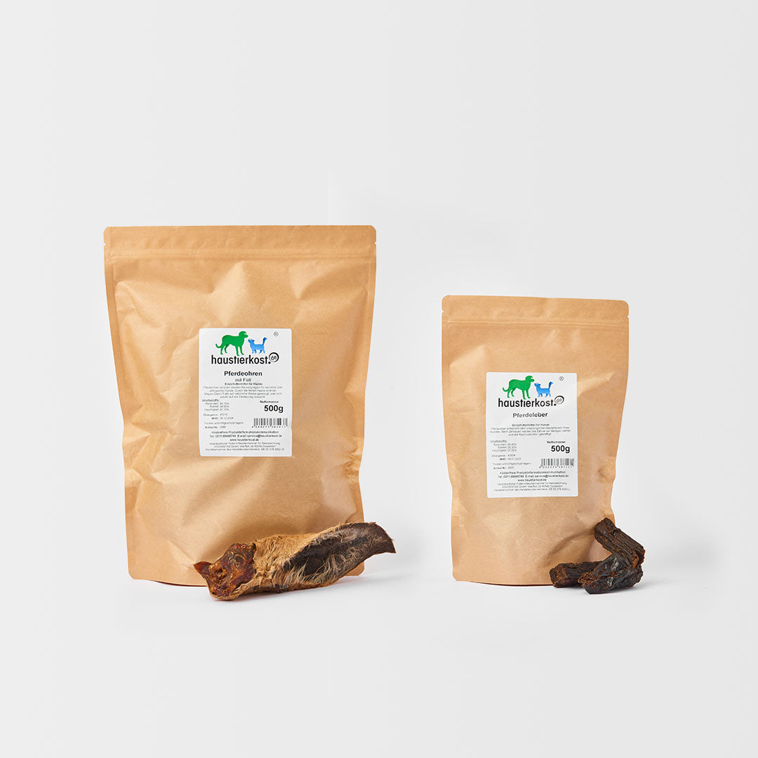 Kauartikel-Paket Pferd mit getrockneter Pferdelunge, Pferdeleber, Pferdeohren und Pferdehautstreifen, 2,1 kg Gesamtgewicht