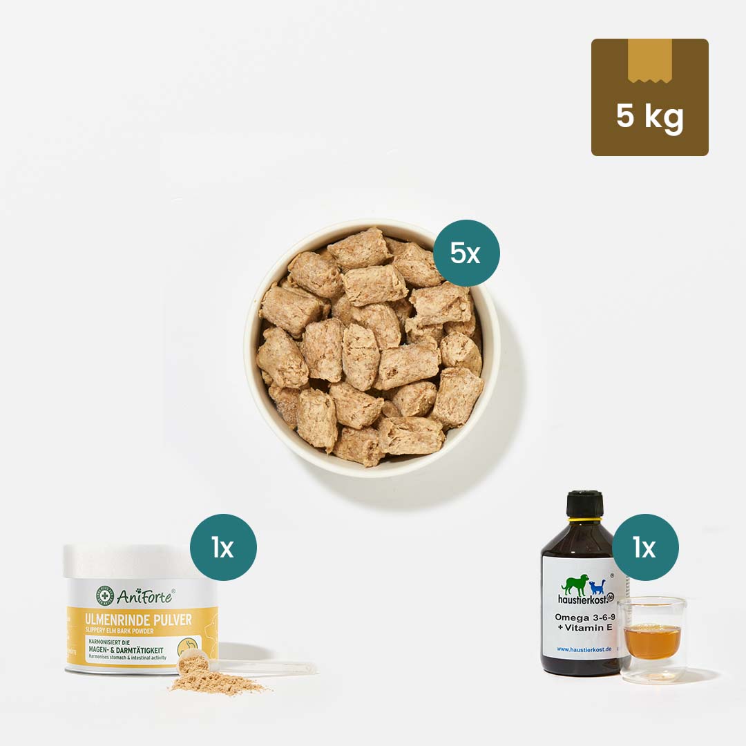 Einsteigerpaket für kleinste Hunde mit BARF-Futter, Ulmenrinde und Omega-Öl, ideal für Hunde bis 5 kg, zur stressfreien Futterumstellung.