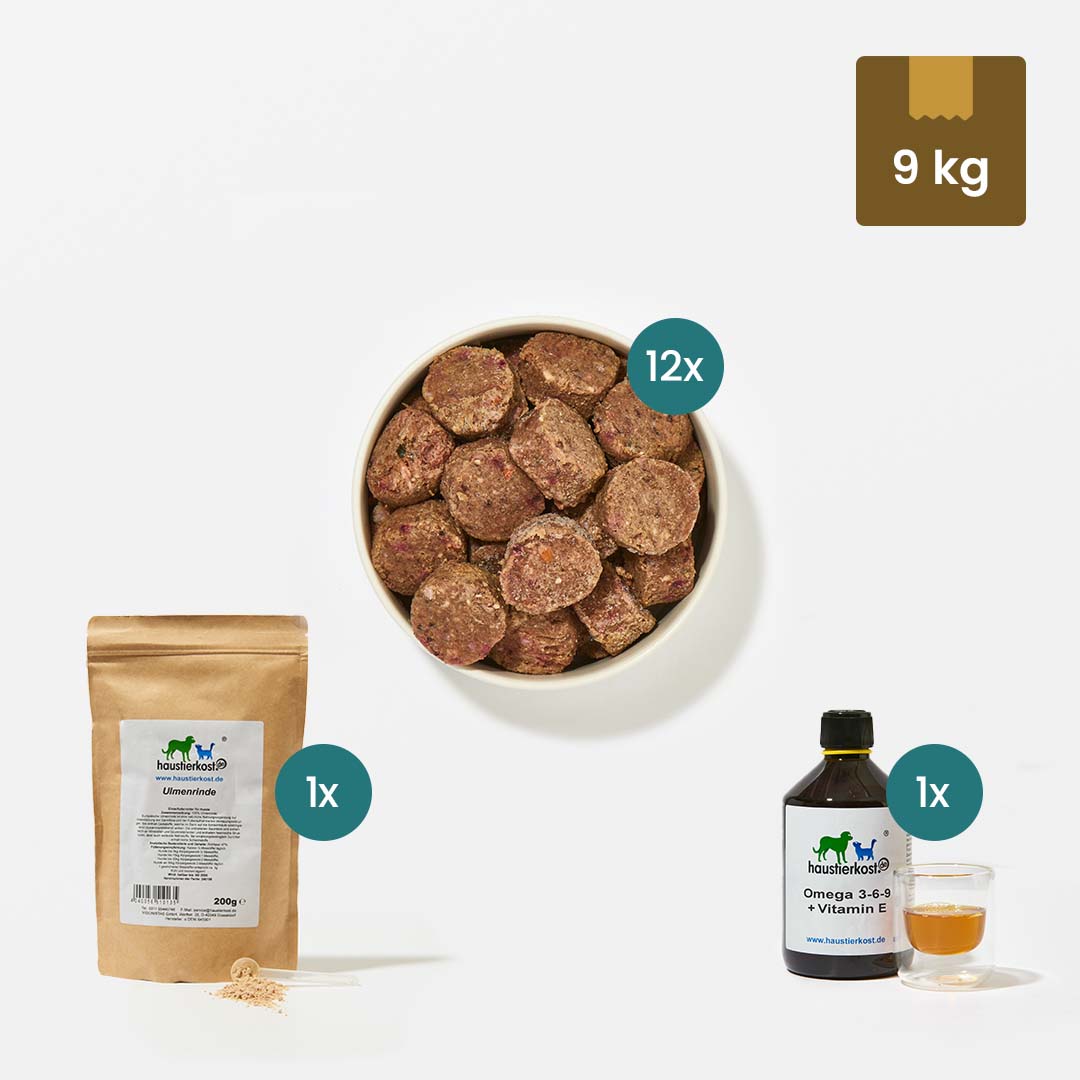 Einsteigerpaket für kleine Hunde mit All-in-One Nuggets, Omega 3-6-9 + Vitamin E Öl und Ulmenrinde, ideal für Umstellung auf BARF.