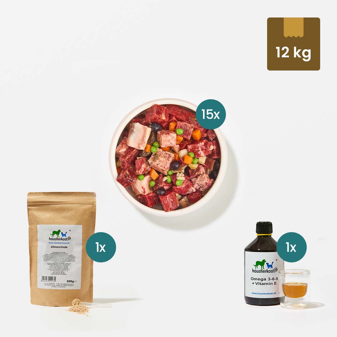 Einsteigerpaket für mittelgroße Hunde mit BARF Gourmet PLUS Rind, Huhn, Lachsöl und Ulmenrinde. Ideal für Hunde bis 20 kg zur Rohfütterung.