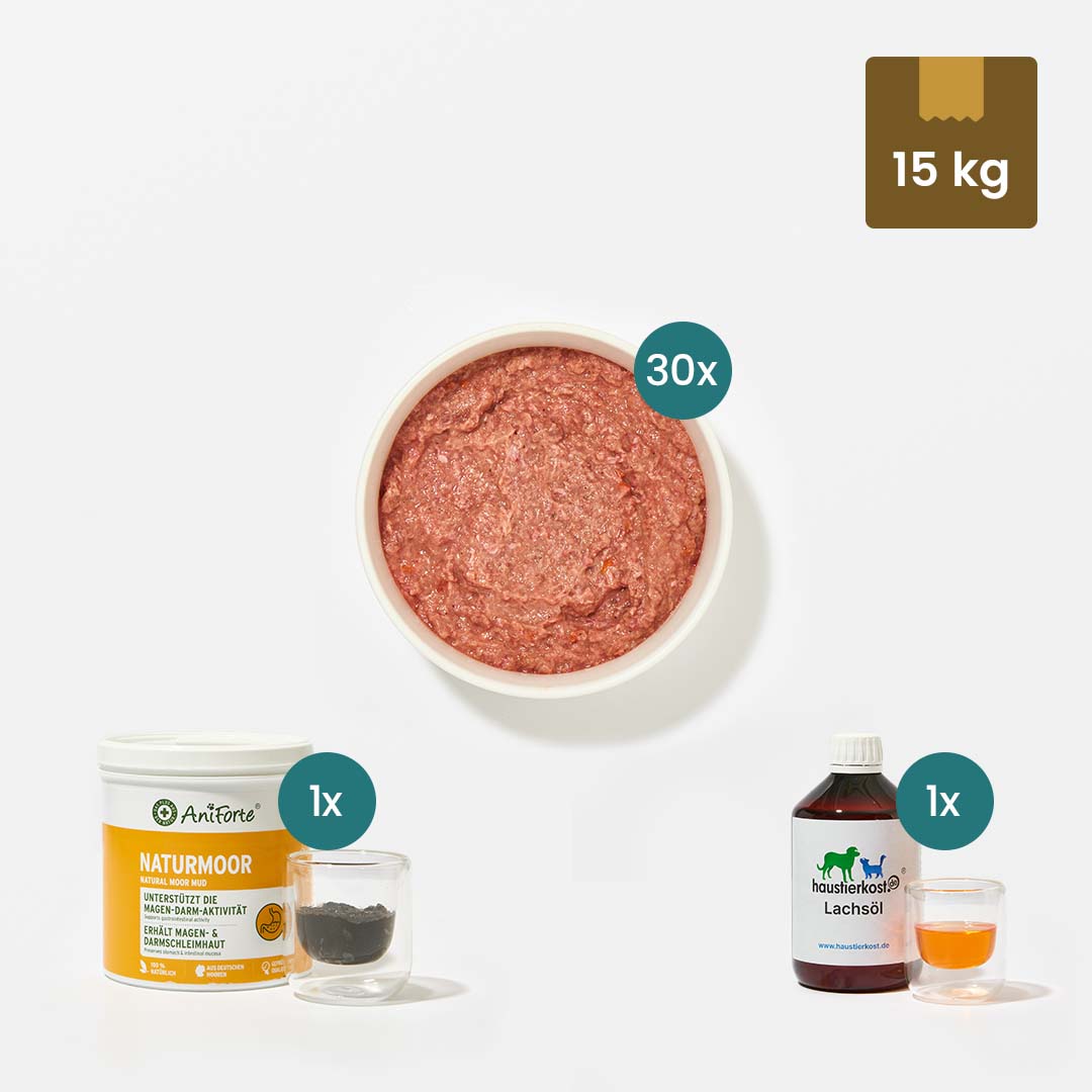 Einsteigerpaket für große Hunde mit BARF Komfort PLUS Huhn, Rind, Lachs, Lachsöl und Heilmoor für gesunde Rohfütterung.