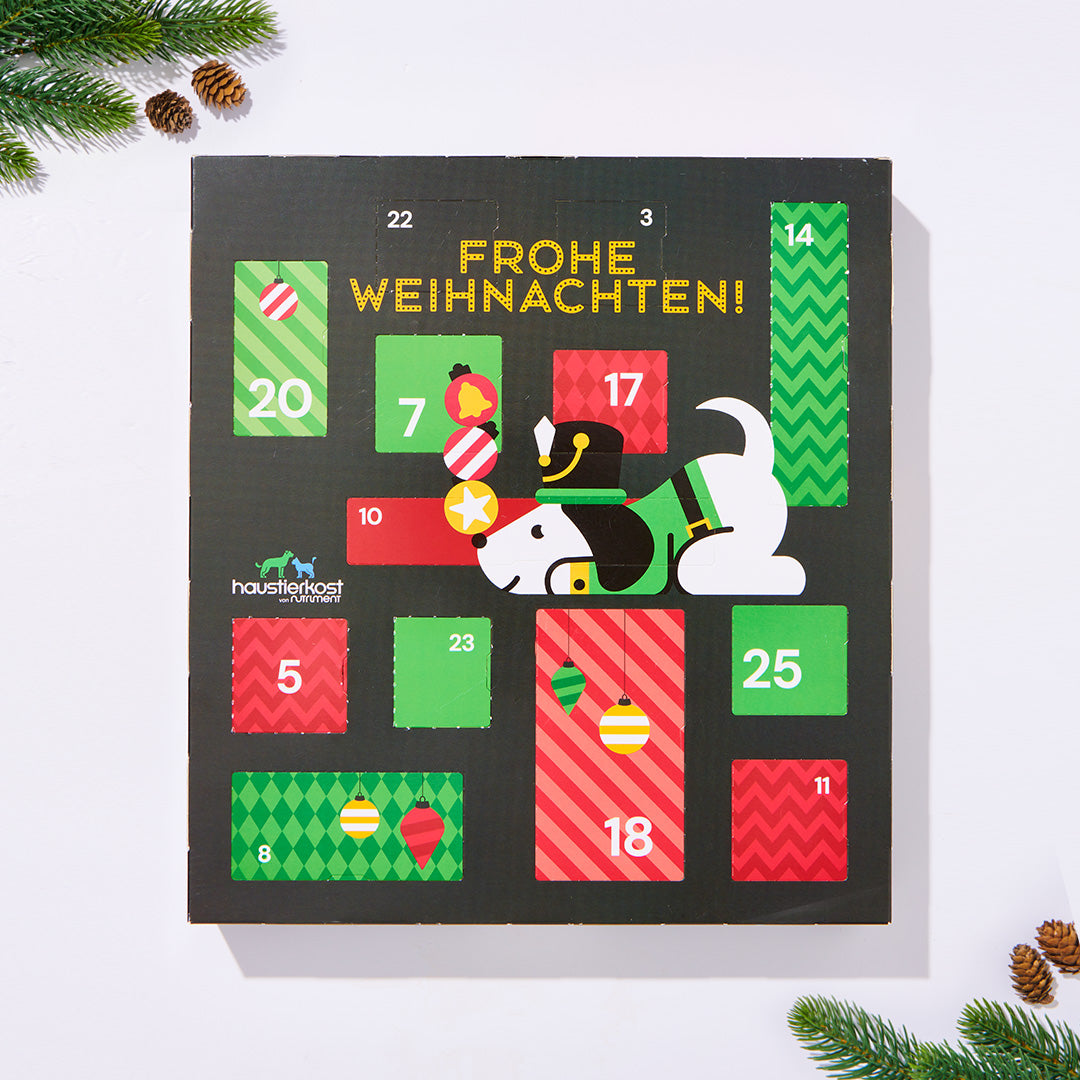 Adventskalender Premium für Hunde mit leckeren Snacks und Gutschein für die Weihnachtszeit