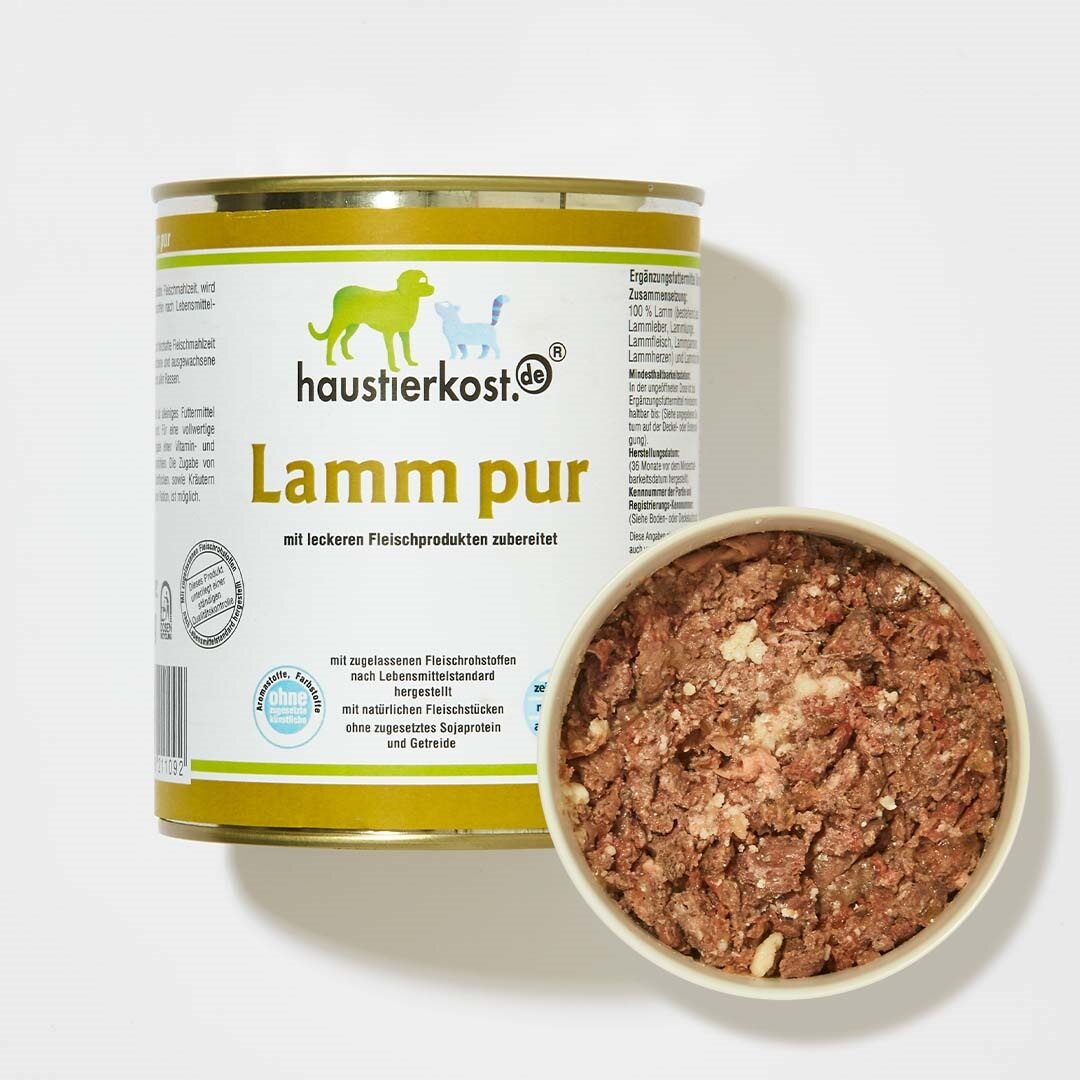 Dose Hundefutter Lamm pur von Haustierkost mit frischem Lammfleisch ohne künstliche Zusatzstoffe, geeignet für ernährungssensible Hunde aller Rassen