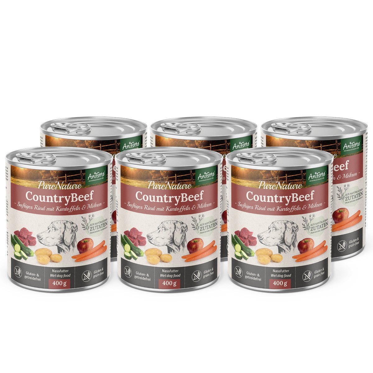 AniForte® Nassfutter CountryBeef für Hunde mit Rind, Karotte und Süßkartoffel, 6 Dosen zu je 400 g, natürlich und glutenfrei, hochwertige Zutaten aus Deutschland