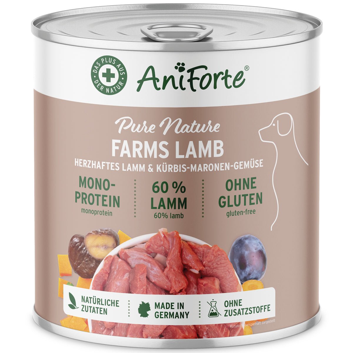 AniForte FarmsLamb Nassfutter für Hunde mit 60% Lammfleisch, Kürbis und Maronen, glutenfrei, ohne Zusatzstoffe, natürliche Zutaten, Made in Germany.