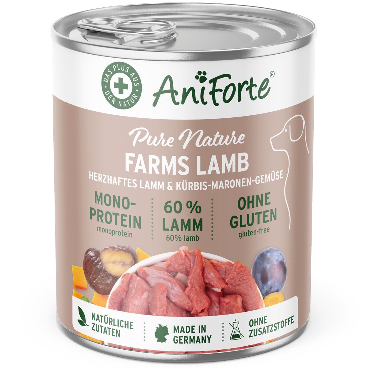 AniForte Nassfutter FarmsLamb für Hunde mit 60% Lammfleisch, Kürbis und Maronen, glutenfrei und ohne Zusatzstoffe, Made in Germany.