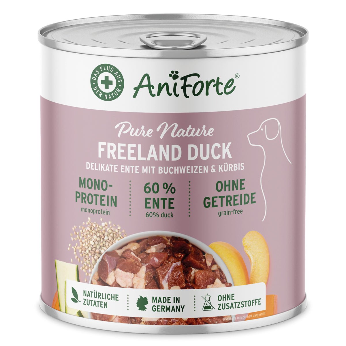 AniForte PureNature Nassfutter Freeland Duck Hundefutter mit 60% Ente, Buchweizen, Kürbis, ohne Getreide, natürliche Zutaten, Made in Germany