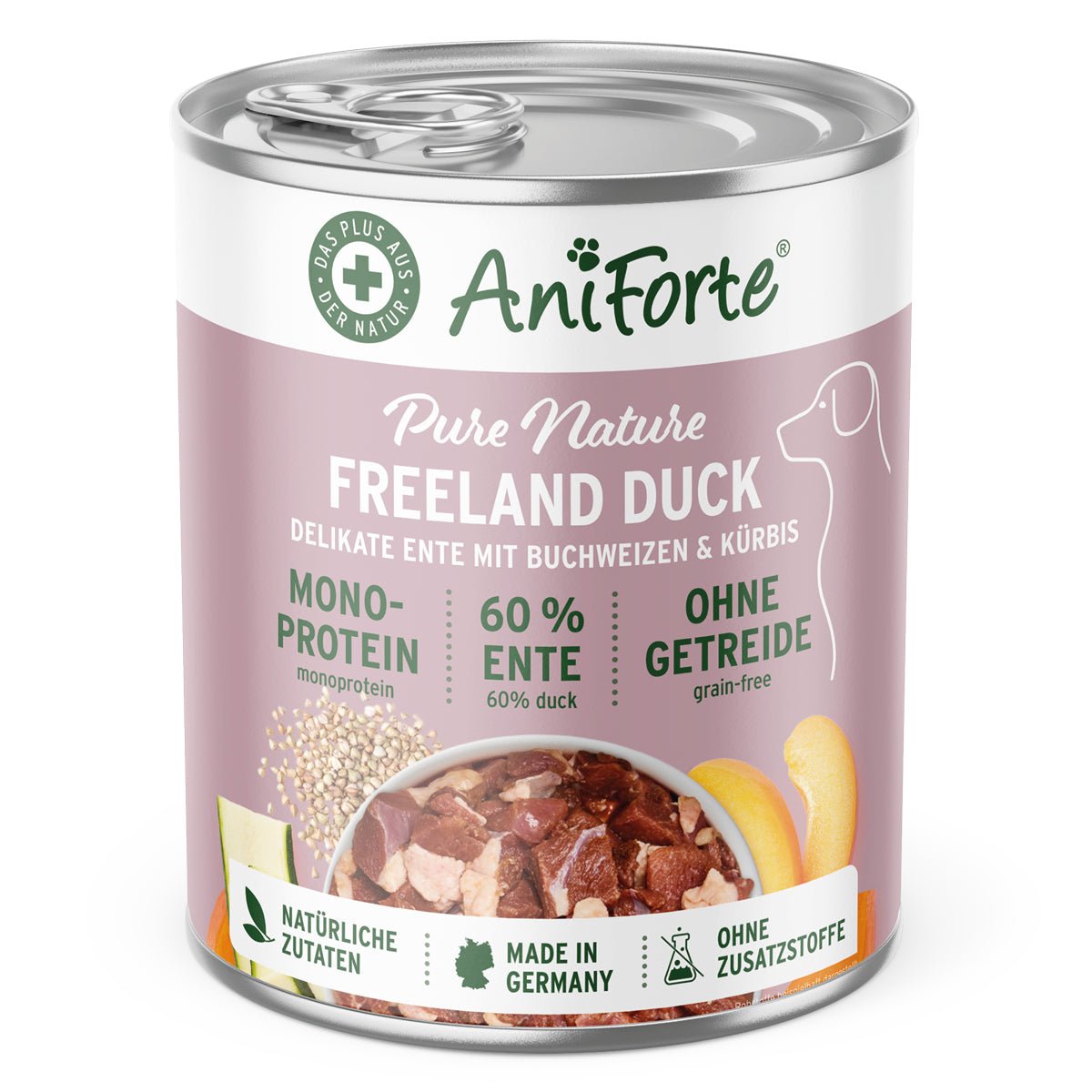 AniForte® PureNature Nassfutter für Hunde mit 60% Ente, Buchweizen und Kürbis, getreidefrei und ohne Zusatzstoffe, hergestellt in Deutschland.