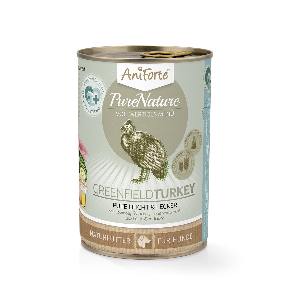 AniForte Nassfutter GreenfieldTurkey mit Pute, Quinoa und natürlichem Gemüse, vollwertiges Hundefutter ohne künstliche Zusätze.