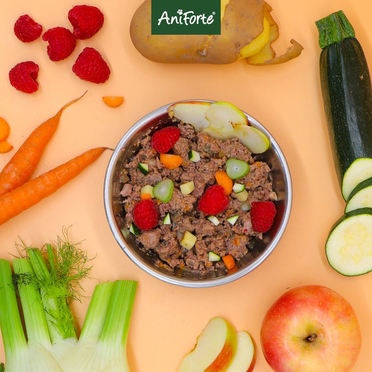 AniForte Nassfutter JuniorMenue Zartes Huhn mit Möhrchen, frischen Zutaten und Obst in Futternapf, natürliche Hundeernährung