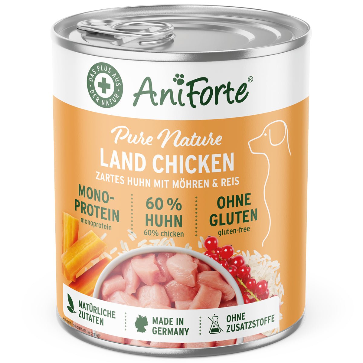 AniForte LandChicken Nassfutter für Hunde mit 60% Huhn, Möhren, Reis, glutenfrei und ohne Zusatzstoffe, made in Germany.