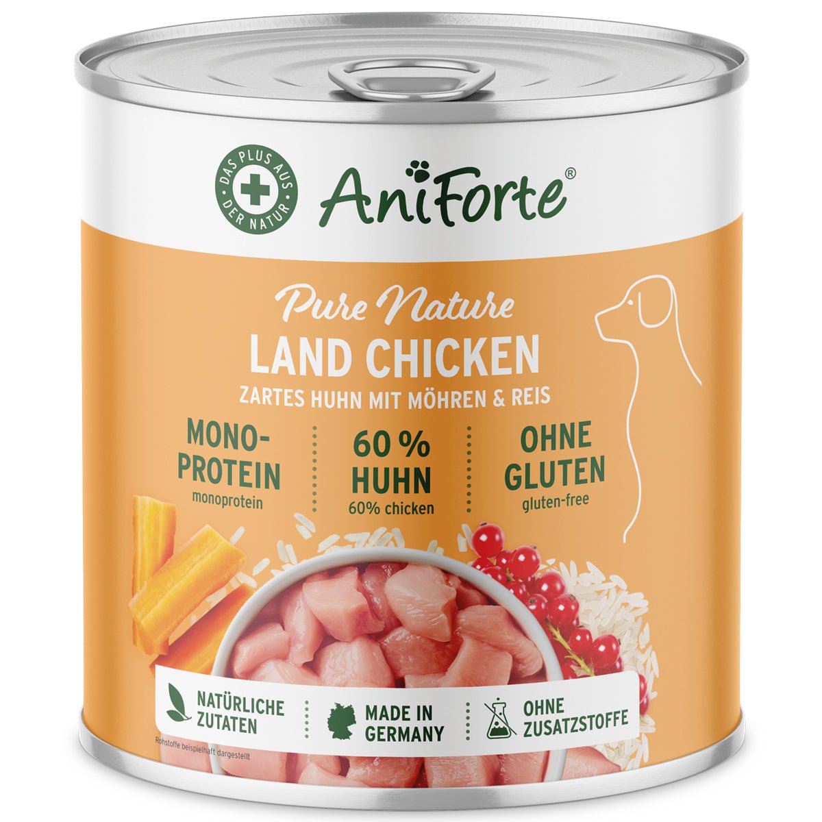 AniForte LandChicken Nassfutter für Hunde mit 60% Hühnchen, Möhren und Reis, glutenfrei und ohne Zusatzstoffe, aus Deutschland