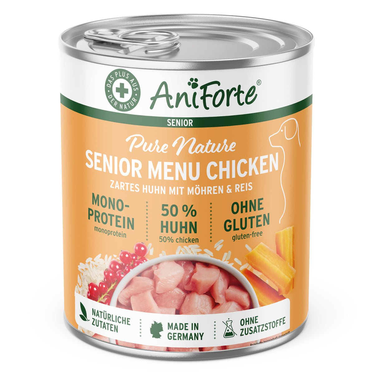 AniForte Nassfutter Senior Huhn für Hunde mit natürlichem Huhn, Möhren und Reis, glutenfrei und ohne Zusatzstoffe.