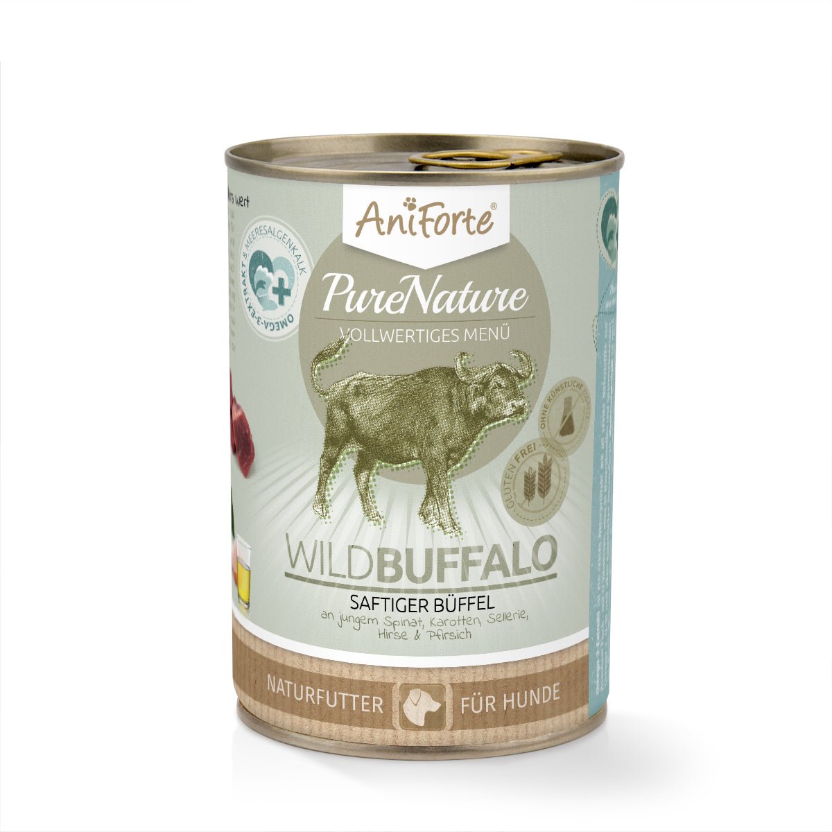 AniForte Nassfutter WildBuffalo für Hunde mit saftigem Büffelfleisch und Spinat, naturbelassenes Hundefutter ohne künstliche Zusatzstoffe.